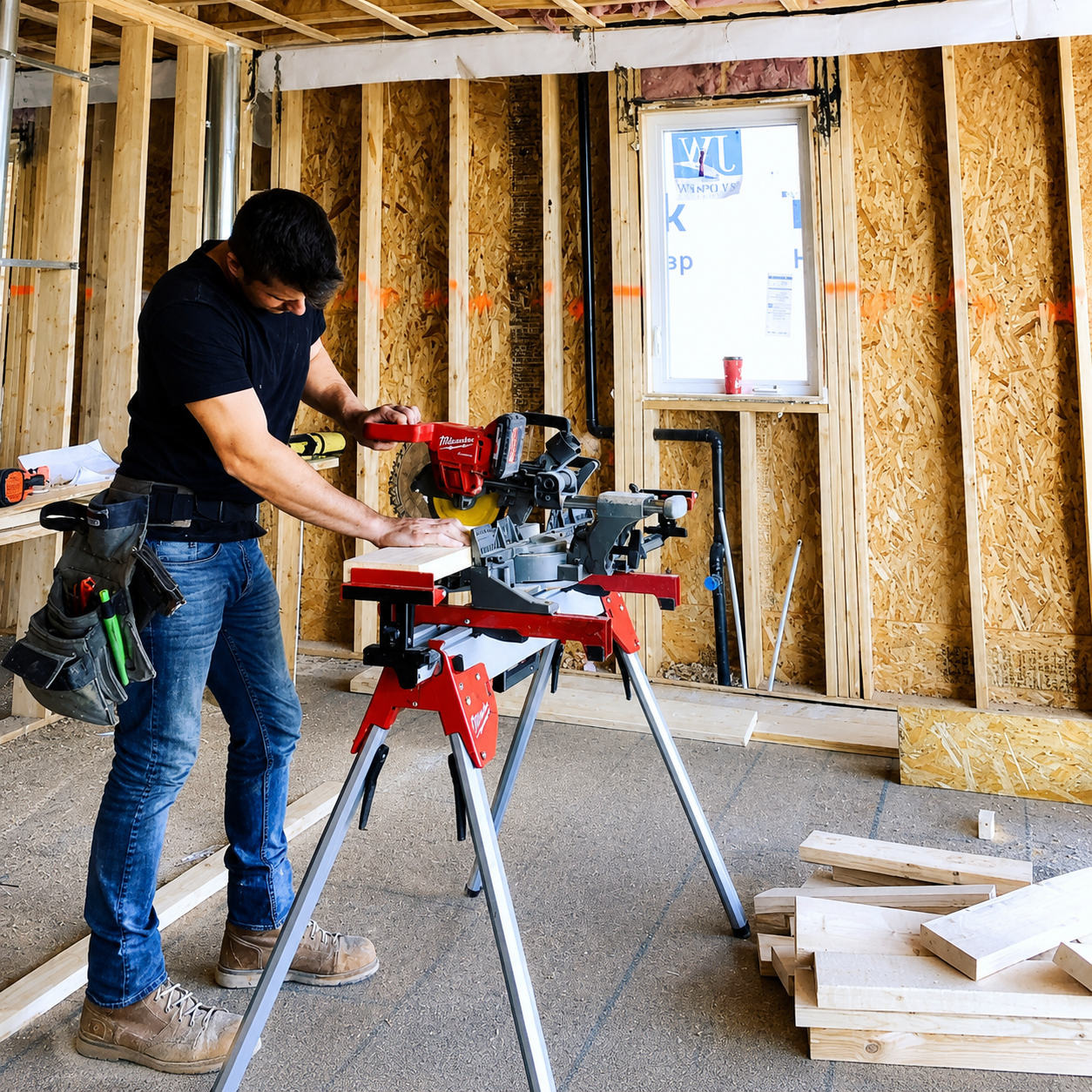 A man working on a construction site, using a miter saw for cutting wood, inside an unfinished room with exposed wood framing, plywood walls, and a small window.