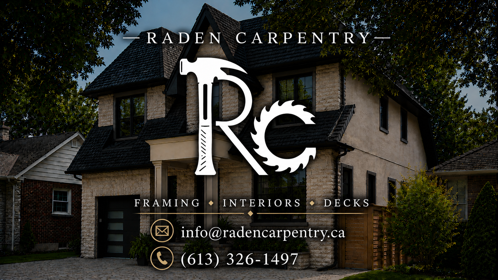 Business card or advertisement for Raden Carpentry featuring a house with trees, logo with hammer and saw, and contact information.