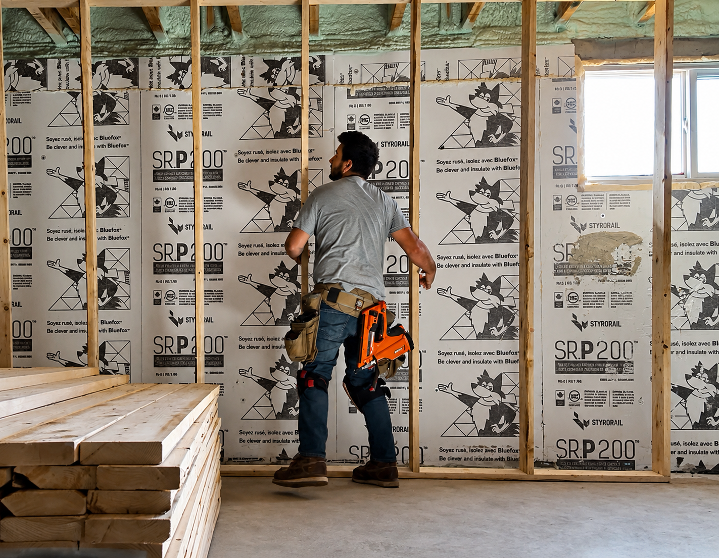 A man working inside a building under construction, standing with his back to the camera, surrounded by wooden framing and insulation materials.