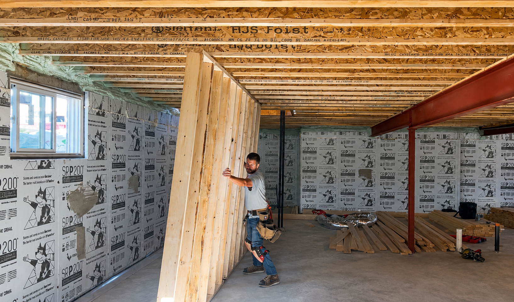 A man building interior walls in a home under construction, with wooden framing and insulation sheets on the wall.