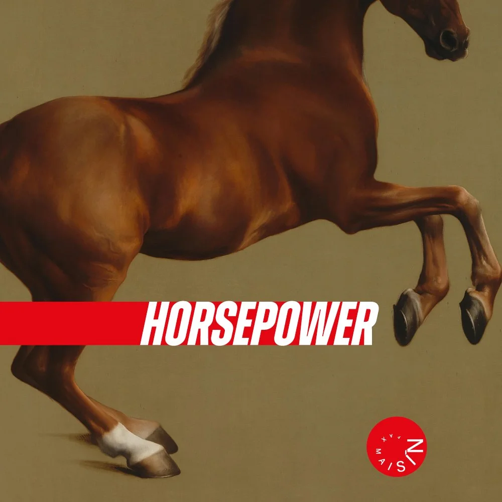 A painting of a galloping brown horse with a red banner across it that says 'HORSEPOWER' in white text.
