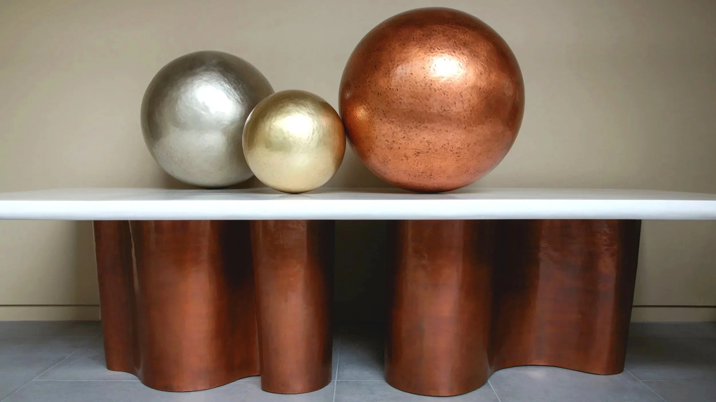 Root Design Dining Table Base with Lacquer Top | Repousse Copper Spheres