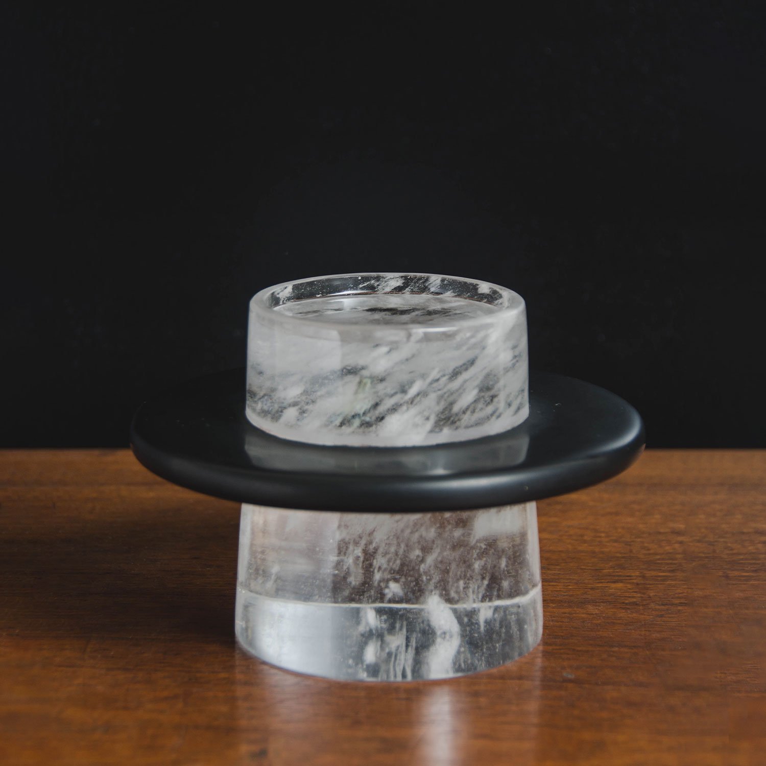 Pedestal Candleholder with Black Lacquer Center | Crystal