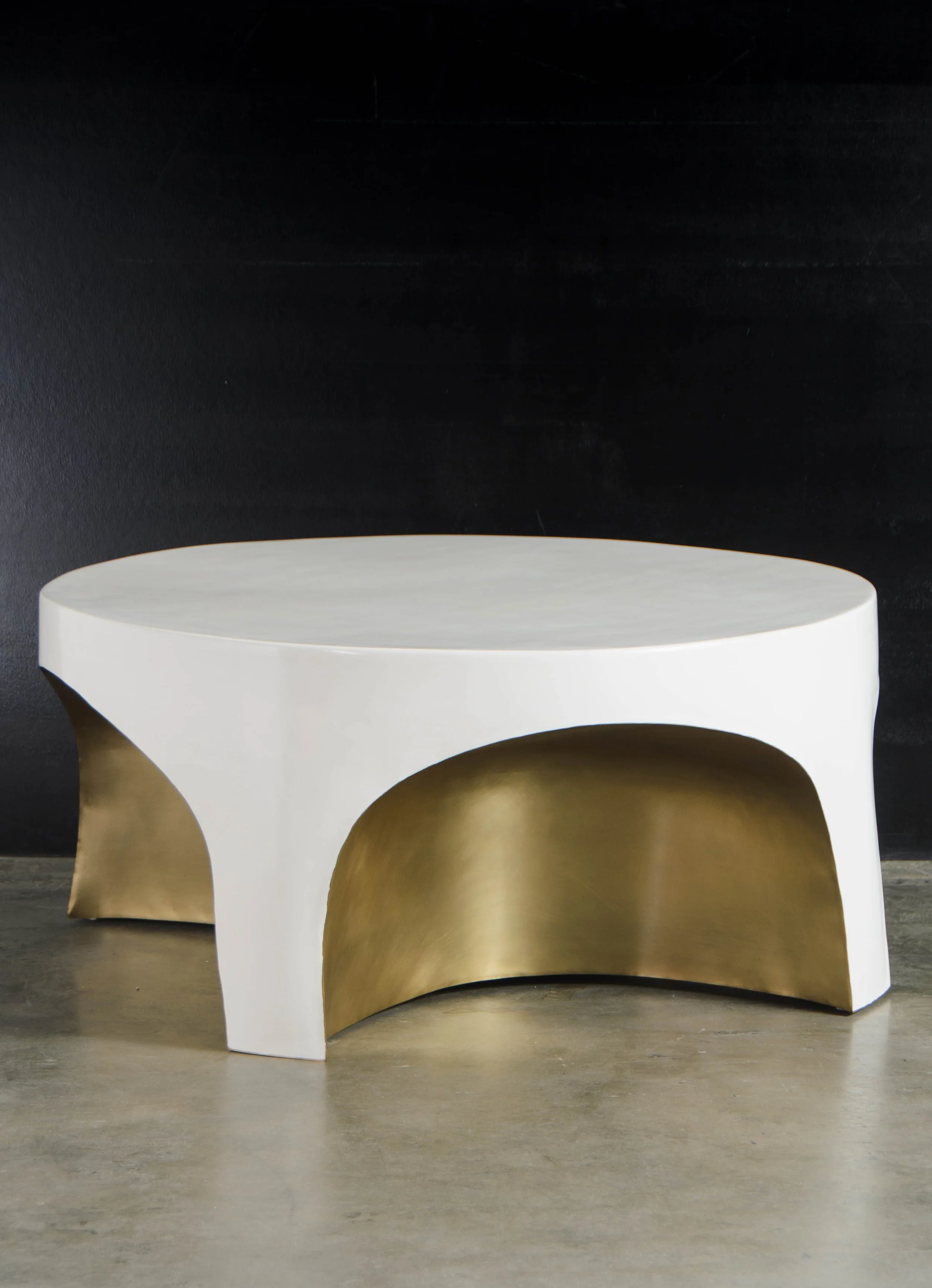 Brass Rimmed Curved Table with Cream Lacquer