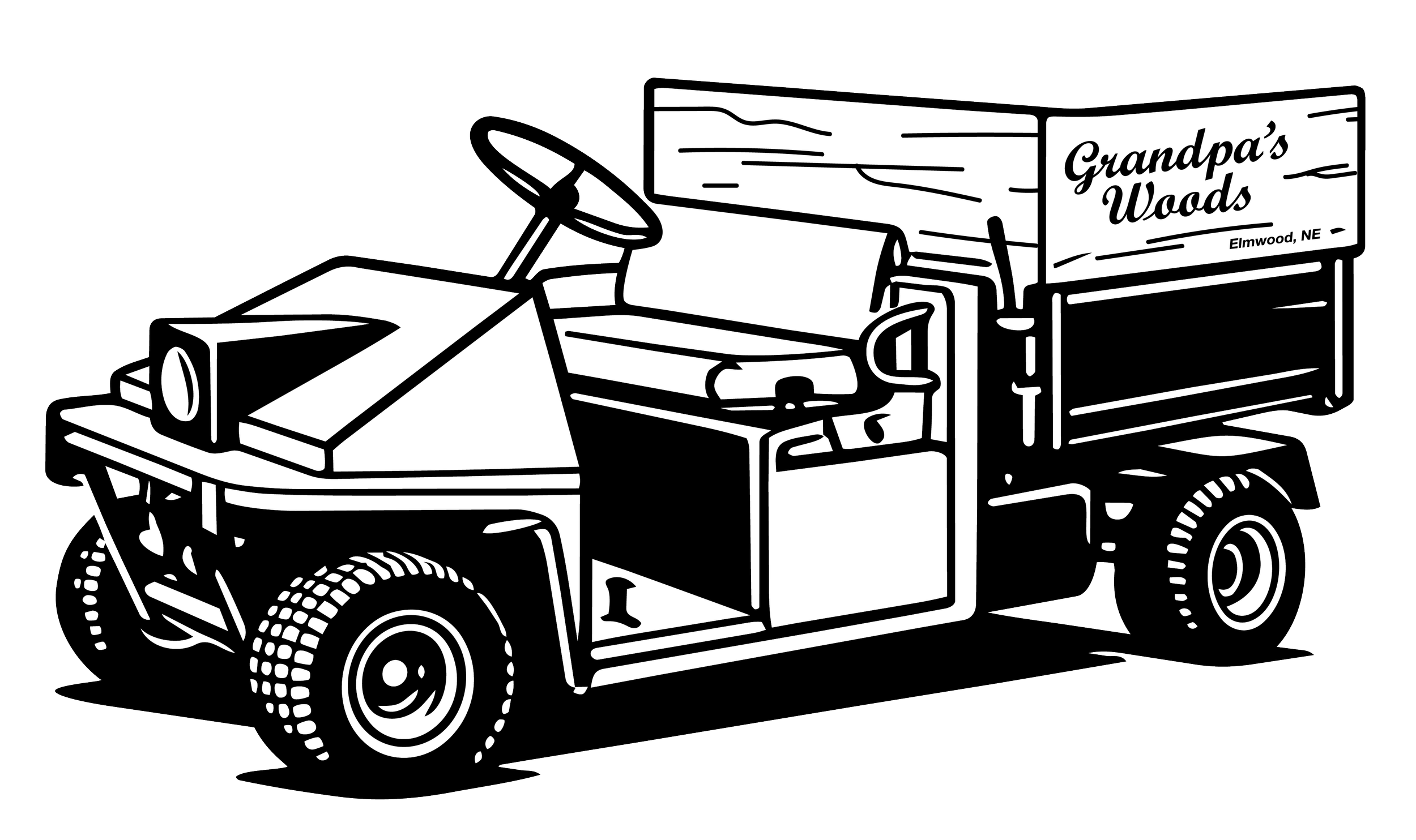 Drawing of a delivery truck with a sign that reads 'Grandpa's Woods' and an illustration of trees, with the words 'Elmwood, NE' on the sign.