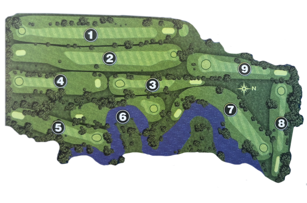 Map of a golf course layout with 9 numbered holes, water hazards, trees, and pathways.