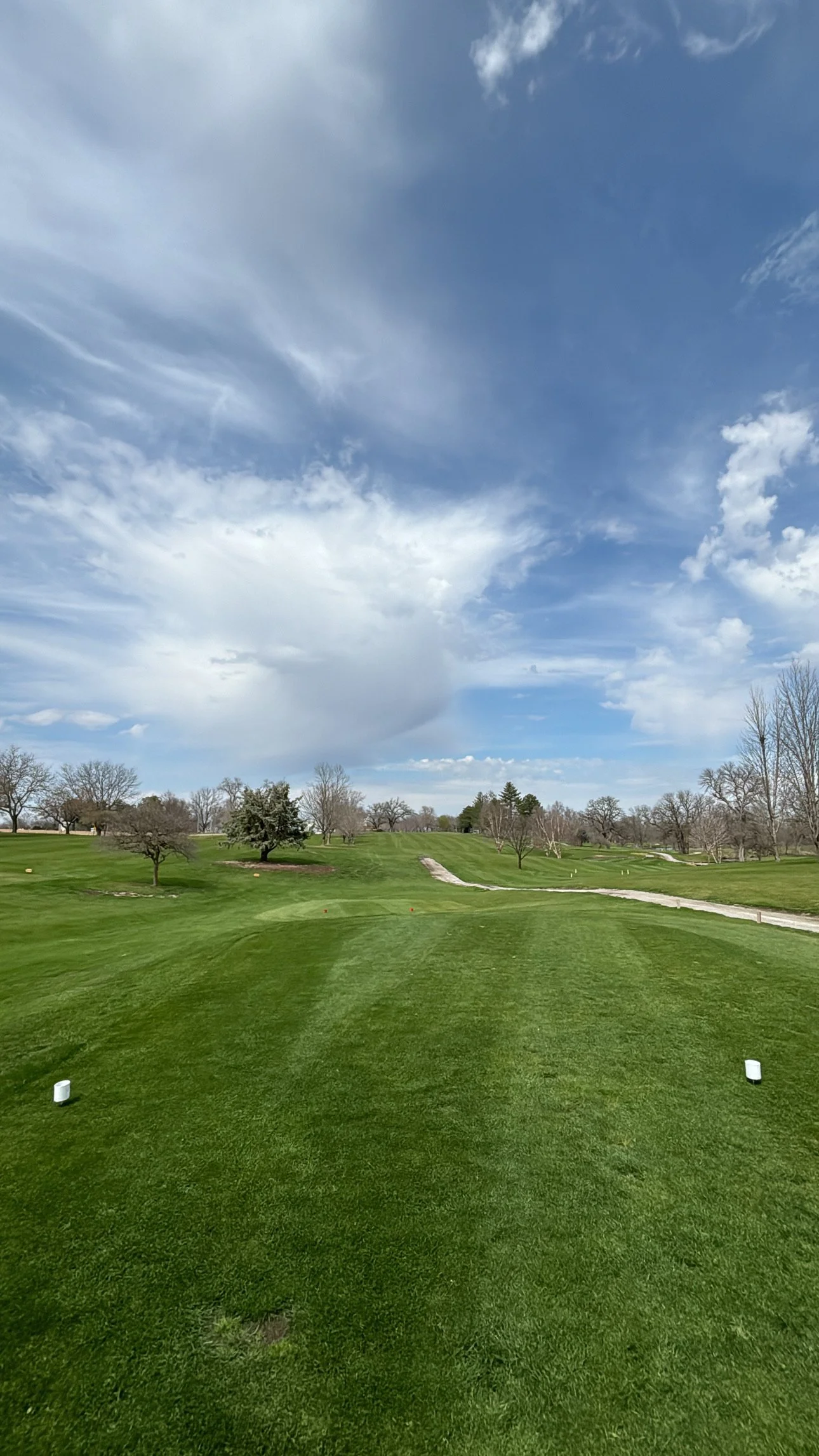 A scenic view of a golf course with green grass, trees, and a partly cloudy sky.