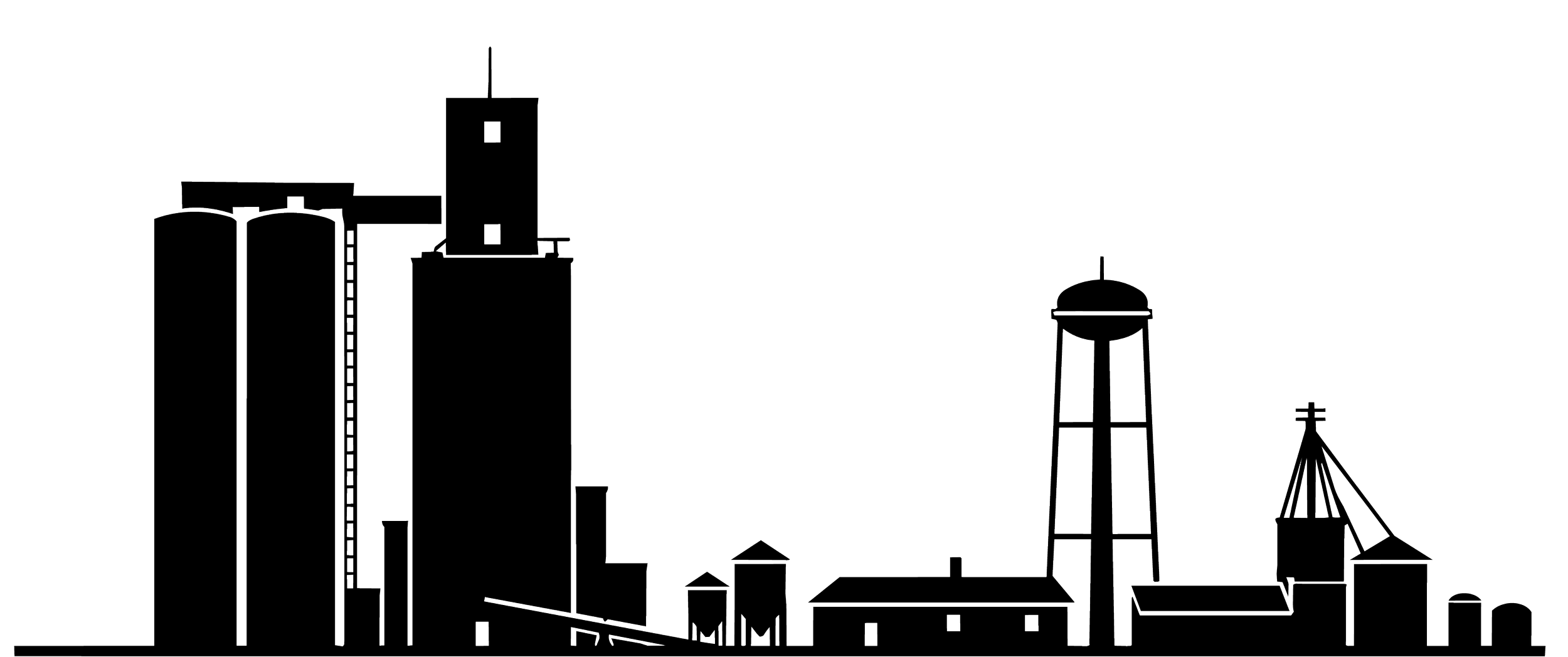 Outline drawing of a city skyline with buildings, a water tower, and silos, against a black background.