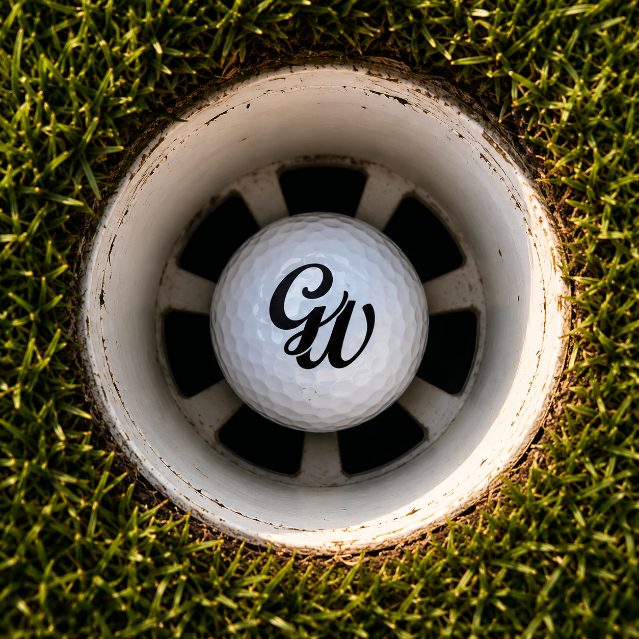 A golf ball with initials 'GW' inside a golf hole on the grass, viewed from above.