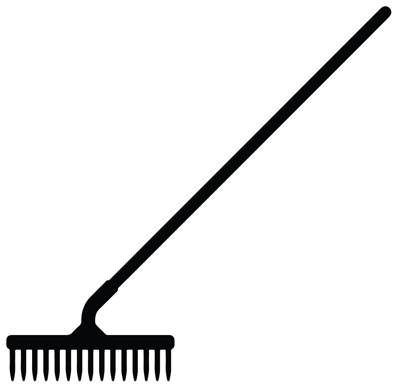 Silhouette of a rake with a long handle and a wide head with tines.