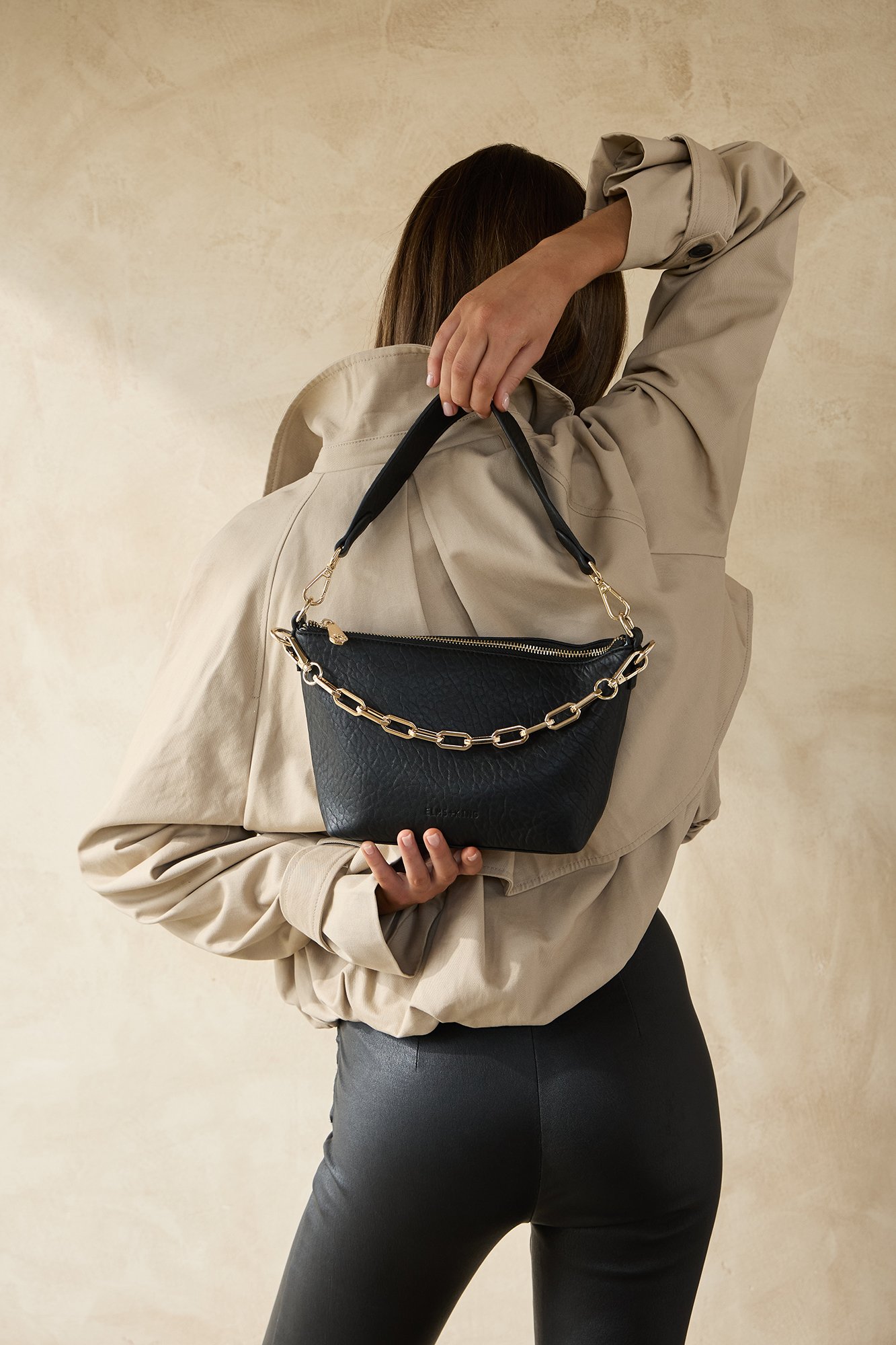 Elms+King Leyton Crossbody in black — Sydney-designed handbag from a sustainable, GRS-certified recycled materials accessories brand represented for Queensland stockists by Louise Wilkinson Agencies.

Elms+King Leyton Crossbody | Australian Wholesale