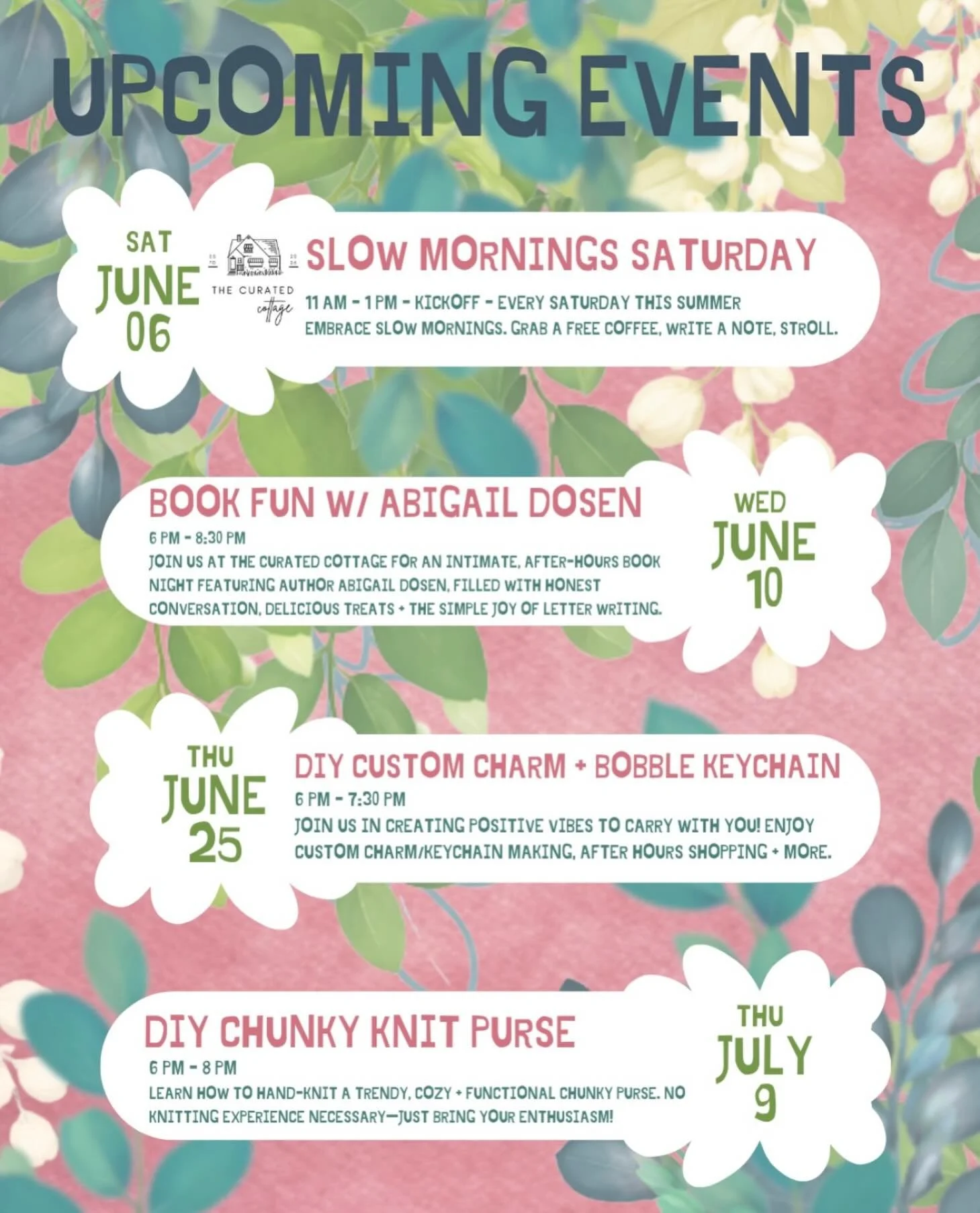 We&rsquo;re so excited for our upcoming events! Slow Mornings Saturday start on June 6 and will run every Saturday through the summer. ☕️💌

We&rsquo;re also thrilled to be partnering with super creative makers + a local author. An awesome kick-off t