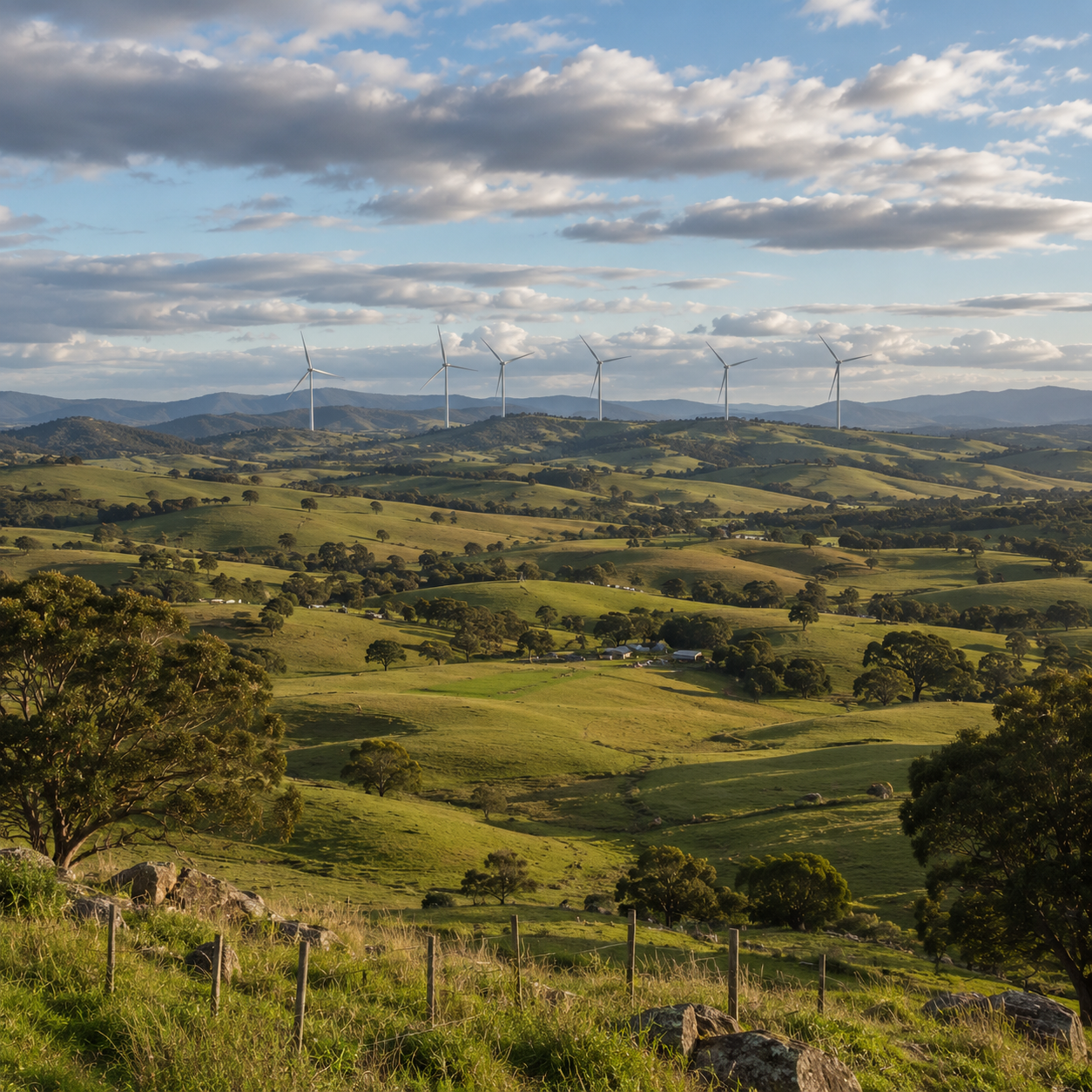 A scenic landscape of rolling green hills with scattered trees under a partly cloudy sky, featuring a row of wind turbines on distant ridges.
