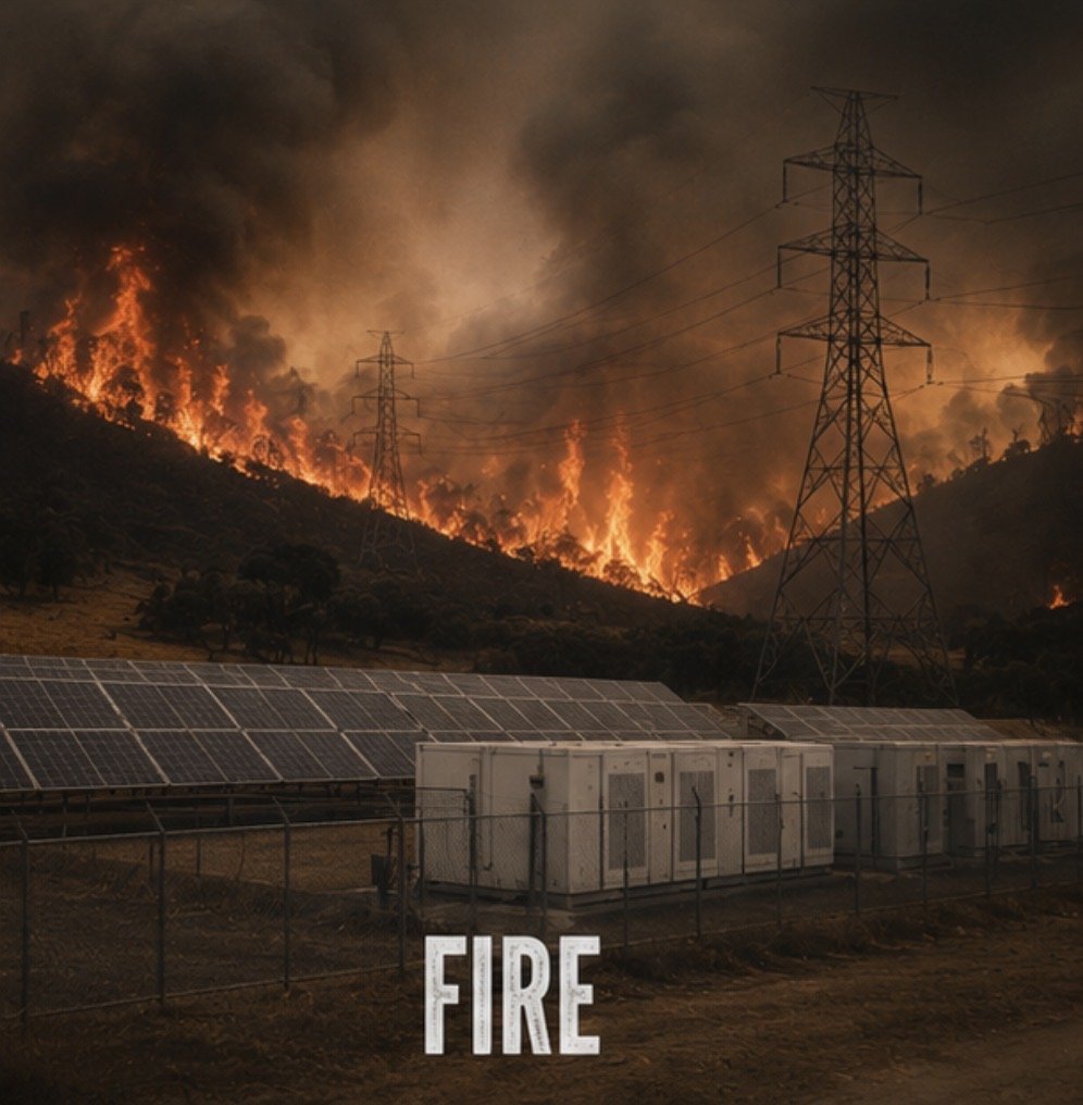 Wildfire burning on hillside with smoke and flames, electrical transmission towers, solar panels, and a fenced area in the foreground.