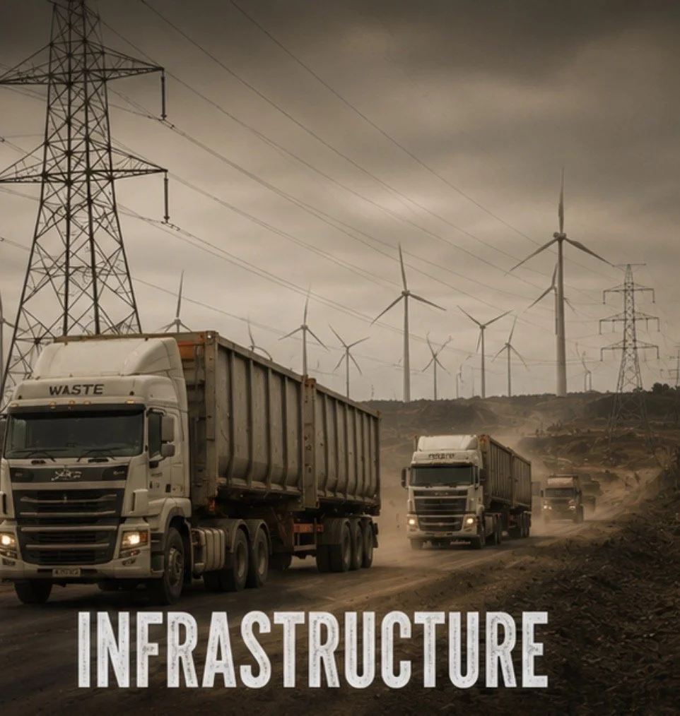 Dusty dirt road with trucks traveling, overhead wind turbines and power lines, cloudy sky, and the word 'INFRASTRUCTURE' at the bottom.