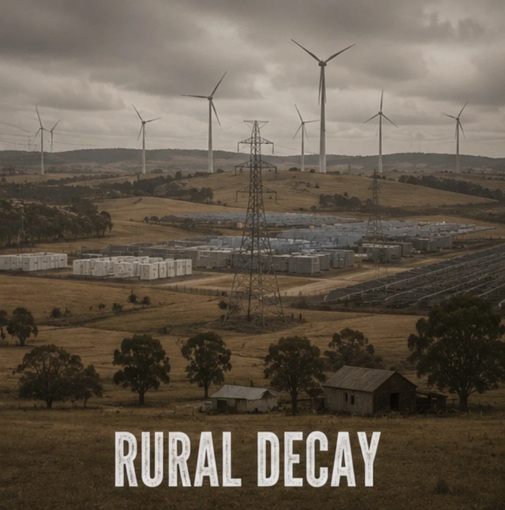 A landscape with wind turbines, electrical towers, some old houses, and a rural setting under a cloudy sky, with the text 'RURAL DECAY' at the bottom.