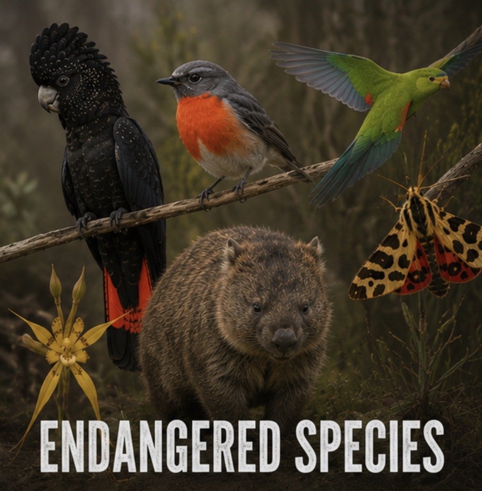 A collage of endangered animals including a black cockatoo, an eastern bluebird, a green parrot, a leopard moth, a giant otter, and a yellow flower with the text "Endangered Species" at the bottom.