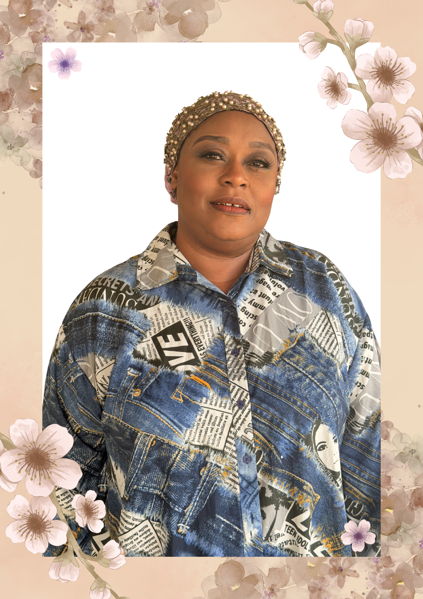 A woman wearing makeup and a headwrap with pearls, dressed in a denim jacket with newspaper print, against a floral frame background.