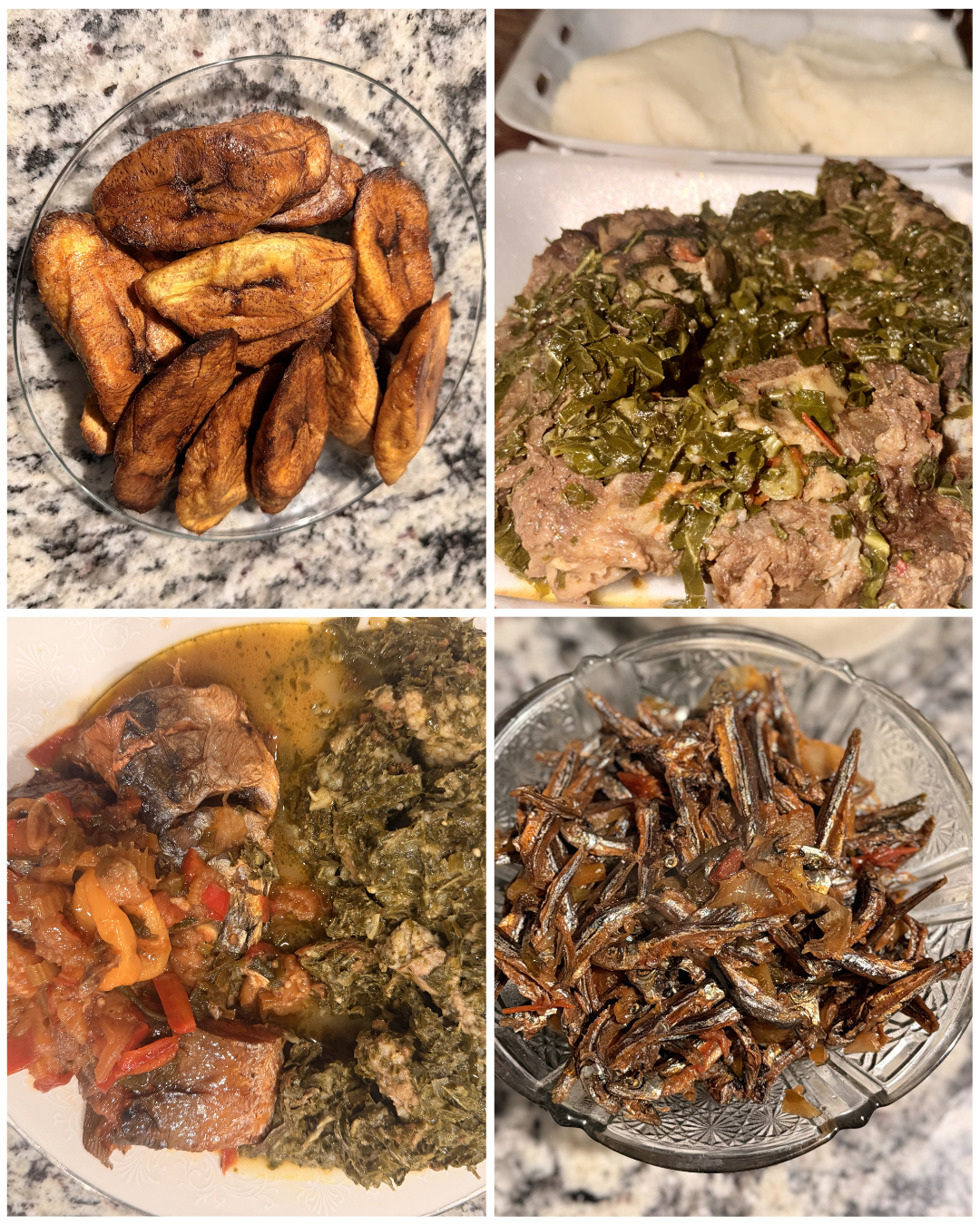 Collage of four dishes: top left shows fried plantains; top right shows a dish with cooked beef and greens; bottom left has cooked fish with vegetables and greens; bottom right features small fried fish.