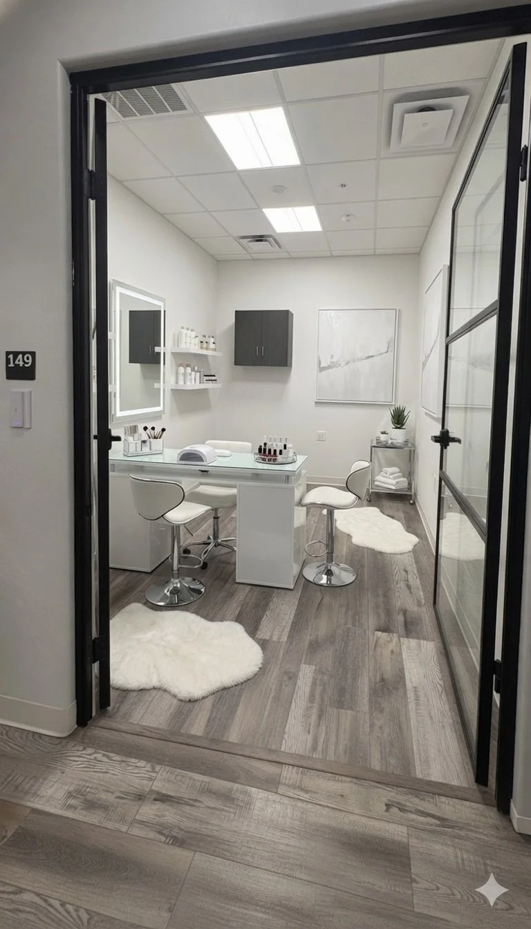 A modern, well-lit beauty or wellness treatment room with white furniture, two fluffy white rugs, a large mirror with lights, makeup brushes, nail polish bottles, and a small table with towels and plants.