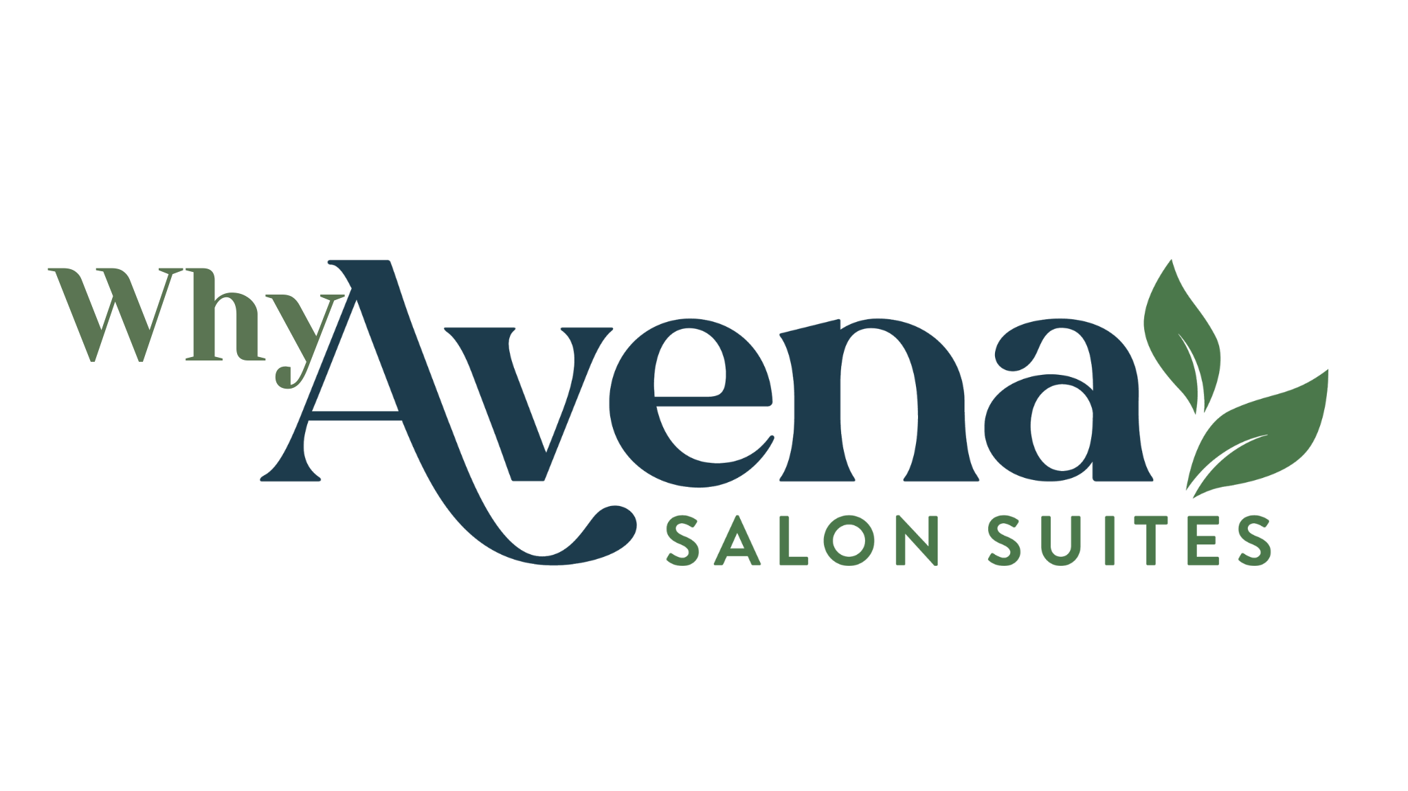 Logo of Why Aveda Salon Suites with green and blue text and green leaves design.