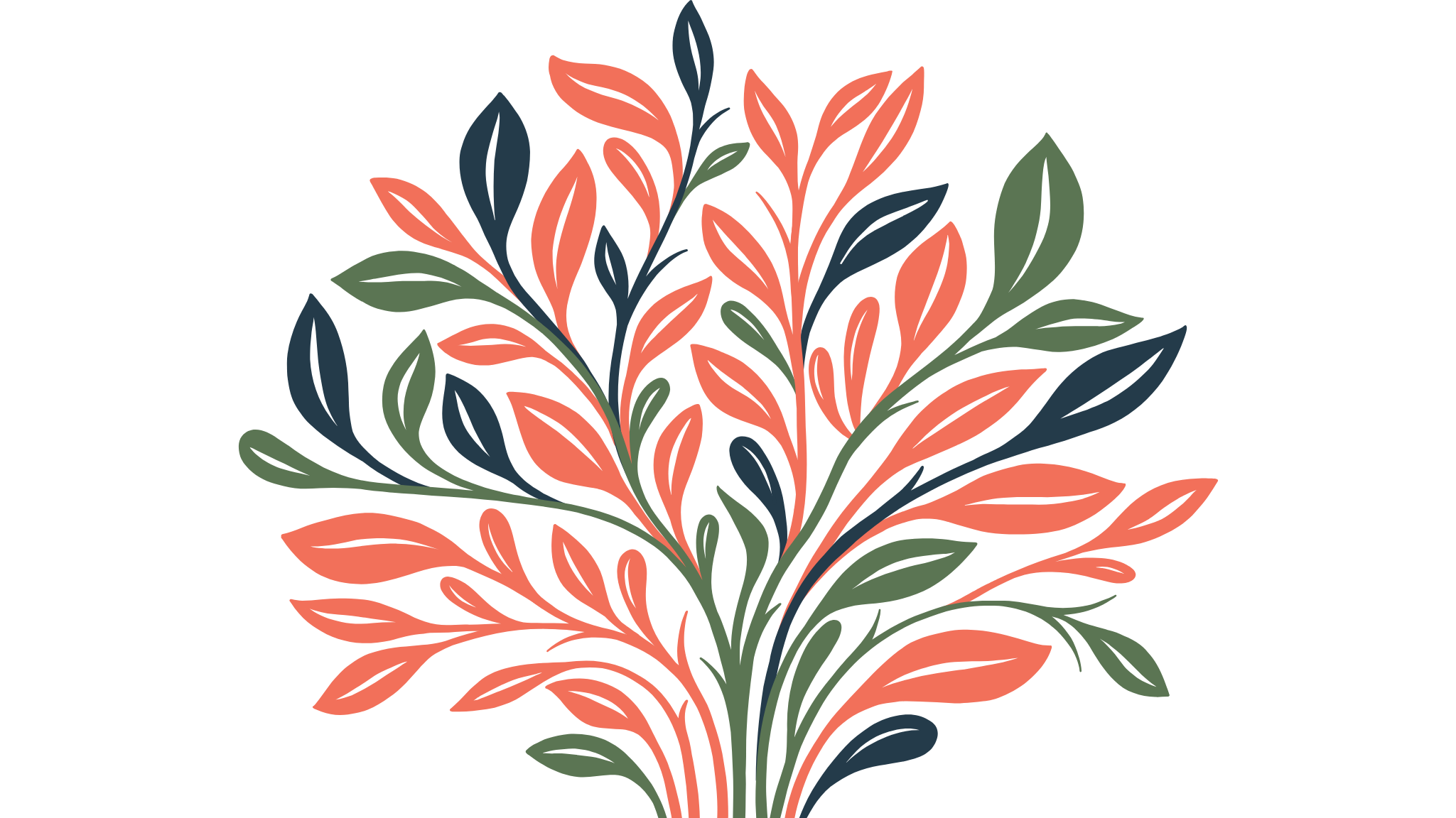 Decorative floral illustration with coral, navy, and green leaves arranged in a symmetrical bouquet.