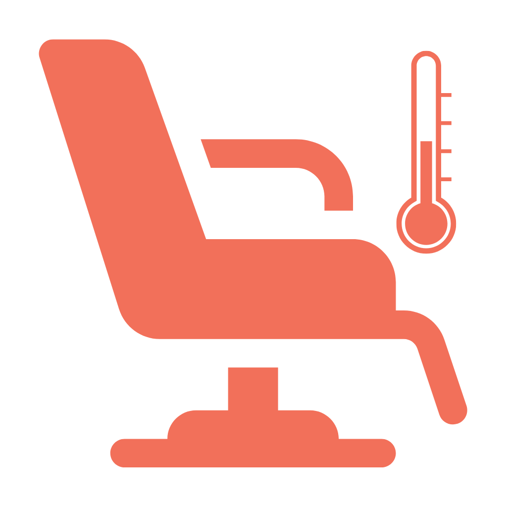 An icon of a reclining medical or dental chair with an adjustable backrest, a side armrest, and a temperature gauge or thermometer symbol next to it.