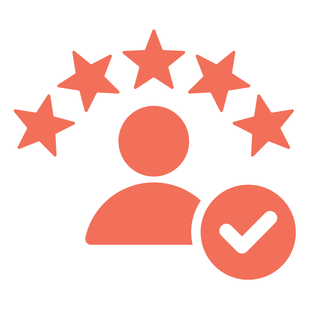 A stylized icon of a person with five stars above their head and a checkmark in a circle beside them, symbolizing quality or approval.