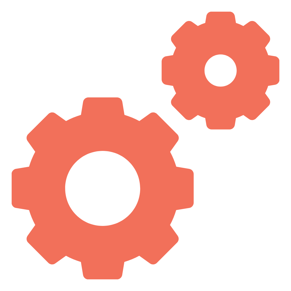 Two orange gears, one larger and one smaller, on a white background.