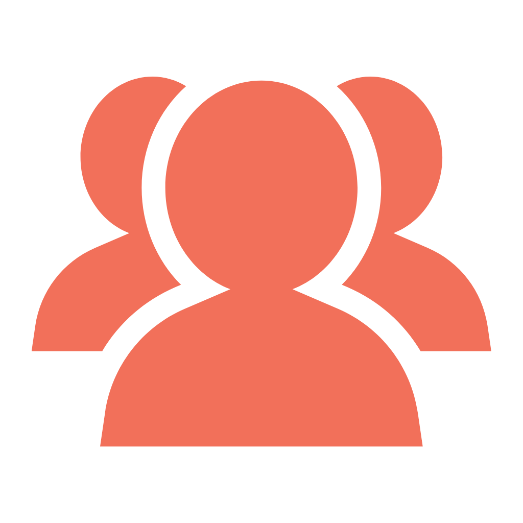 Icon of four orange human silhouettes overlapping, representing a group of people.