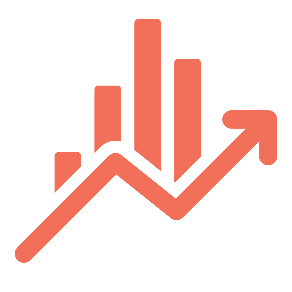 Graph with upward trend arrow and bar chart in a coral color
