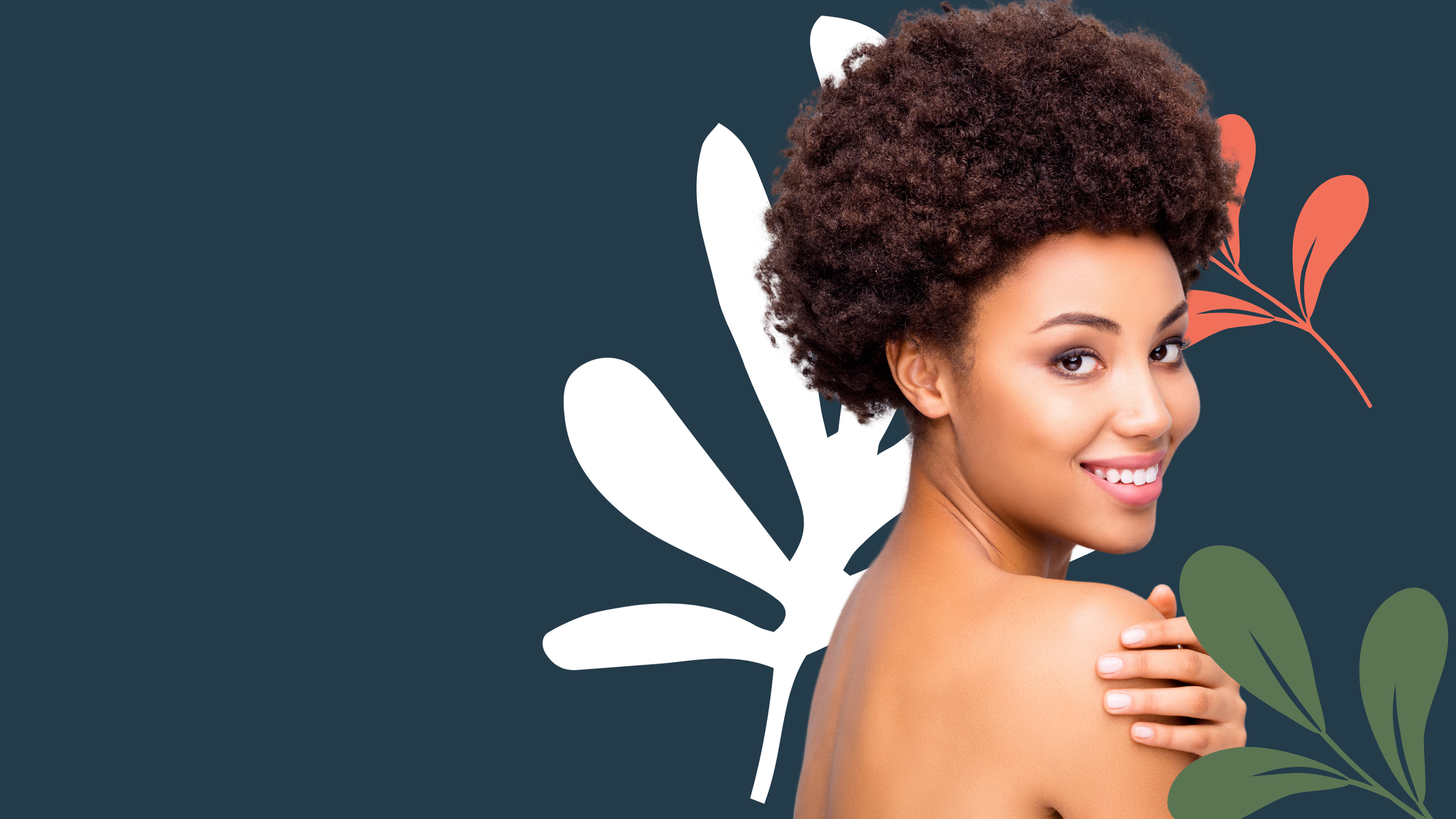 Young woman with curly hair smiling, surrounded by abstract leaf shapes on a dark background.