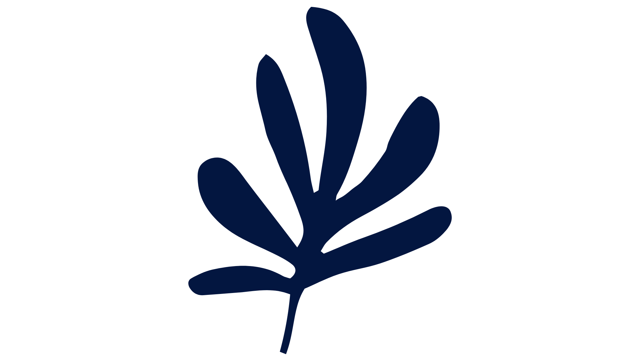 Dark blue outline of a hand holding a sprouting plant with multiple leaves.