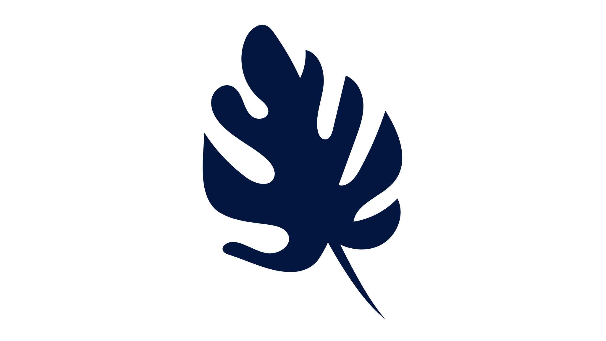A dark blue illustration of a hand holding a large leaf with multiple lobes, set against a black background.