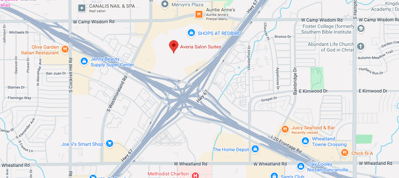 Map showing roads, highways, and local businesses including Avena Salon Suites, Jacob Beauty Supply Super Center, Olive Garden Italian Restaurant, Auntie Anne's Pretzel Menu, Juicy Seafood & Bar, Chick-fil-A, and others around the Redbird area.