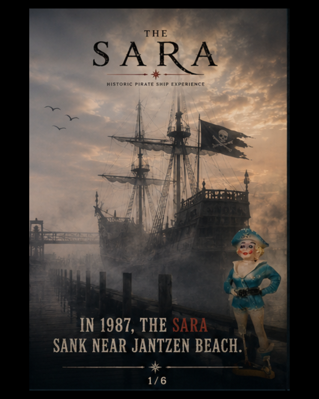 Poster for the historic pirate ship experience, The Sara, showing a large ship with a Jolly Roger flag, a cloudy sky, and a clown figure on roller skates in the foreground, with text describing its sinking in 1987 near Jantzen Beach.