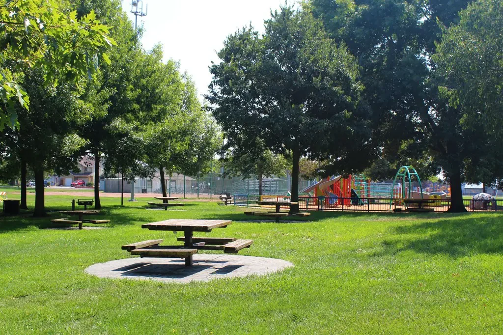 Picnic table and playground at Magnolia Park in Rohnert Park