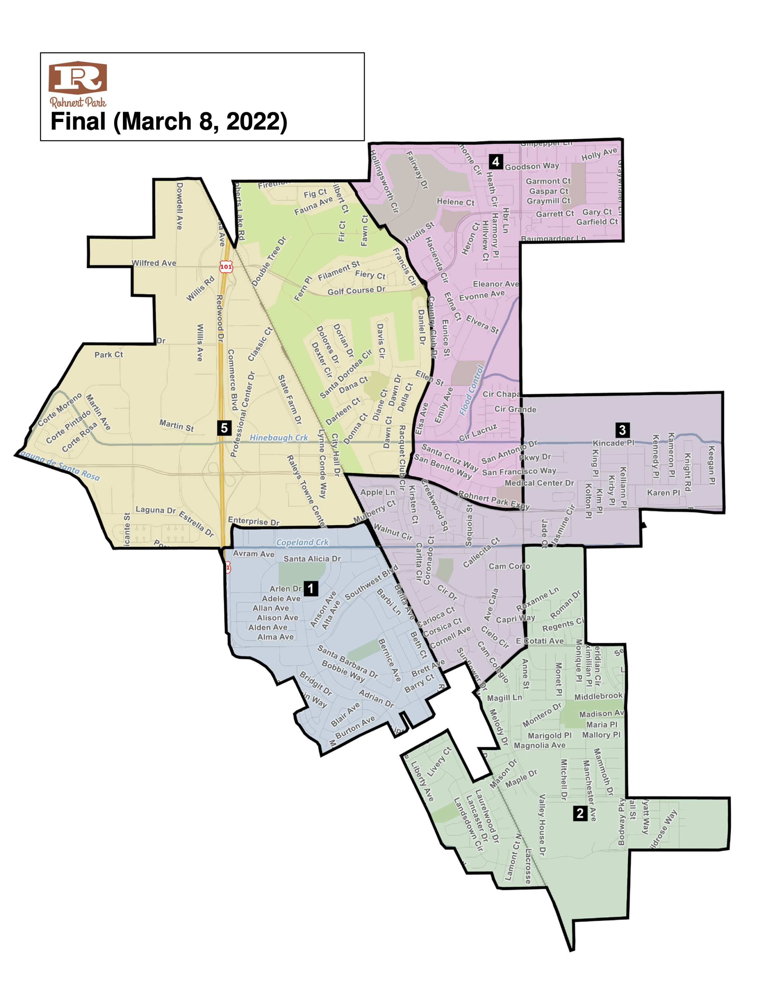 Map of the city of Rohnert Park divided into five districts, with streets and neighborhoods labeled, including numbered markers for each district, and a date of adoption on March 8, 2022.