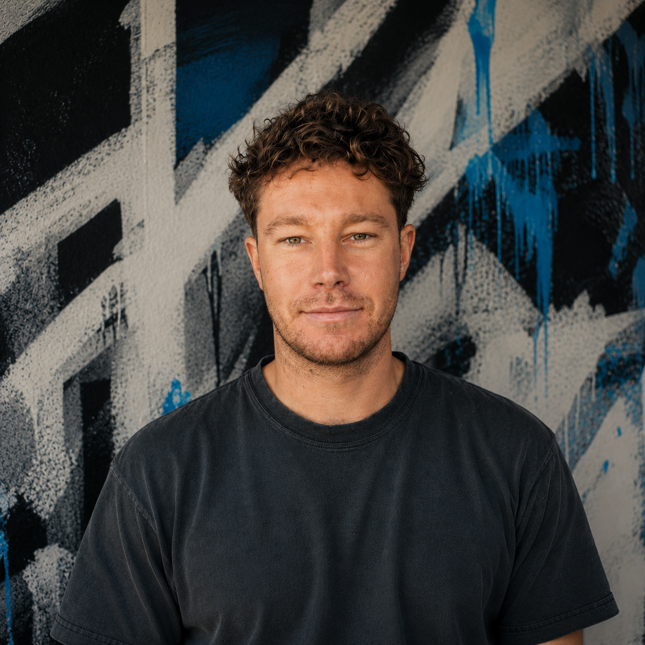 A young man with curly brown hair and a light beard posing in front of a graffiti wall featuring black, blue, and white abstract patterns.