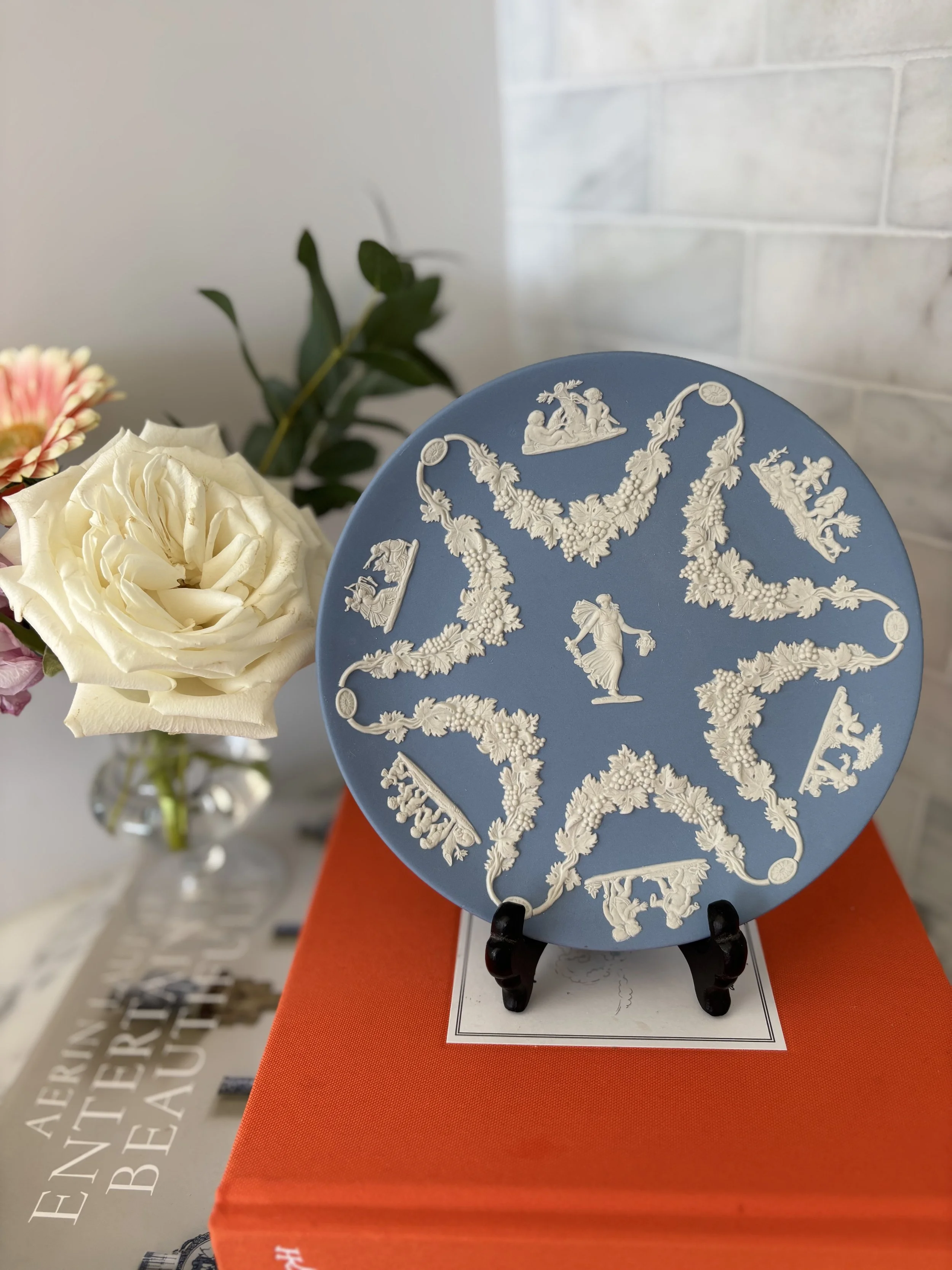 Stunning Vintage Wedgwood Collectors Society Pale Blue Jasperware floral girl Plate Made in England 6.5”