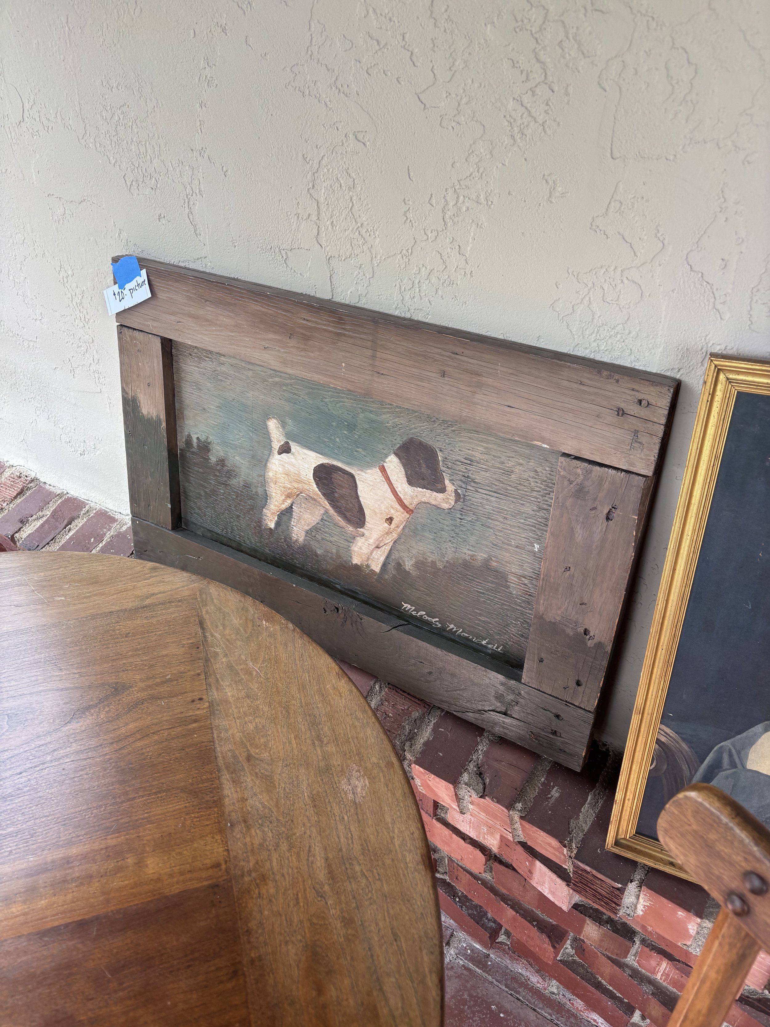 Vintage Folk Art Jack Russell Terrier Dog Painting in Rustic Reclaimed Wood Frame