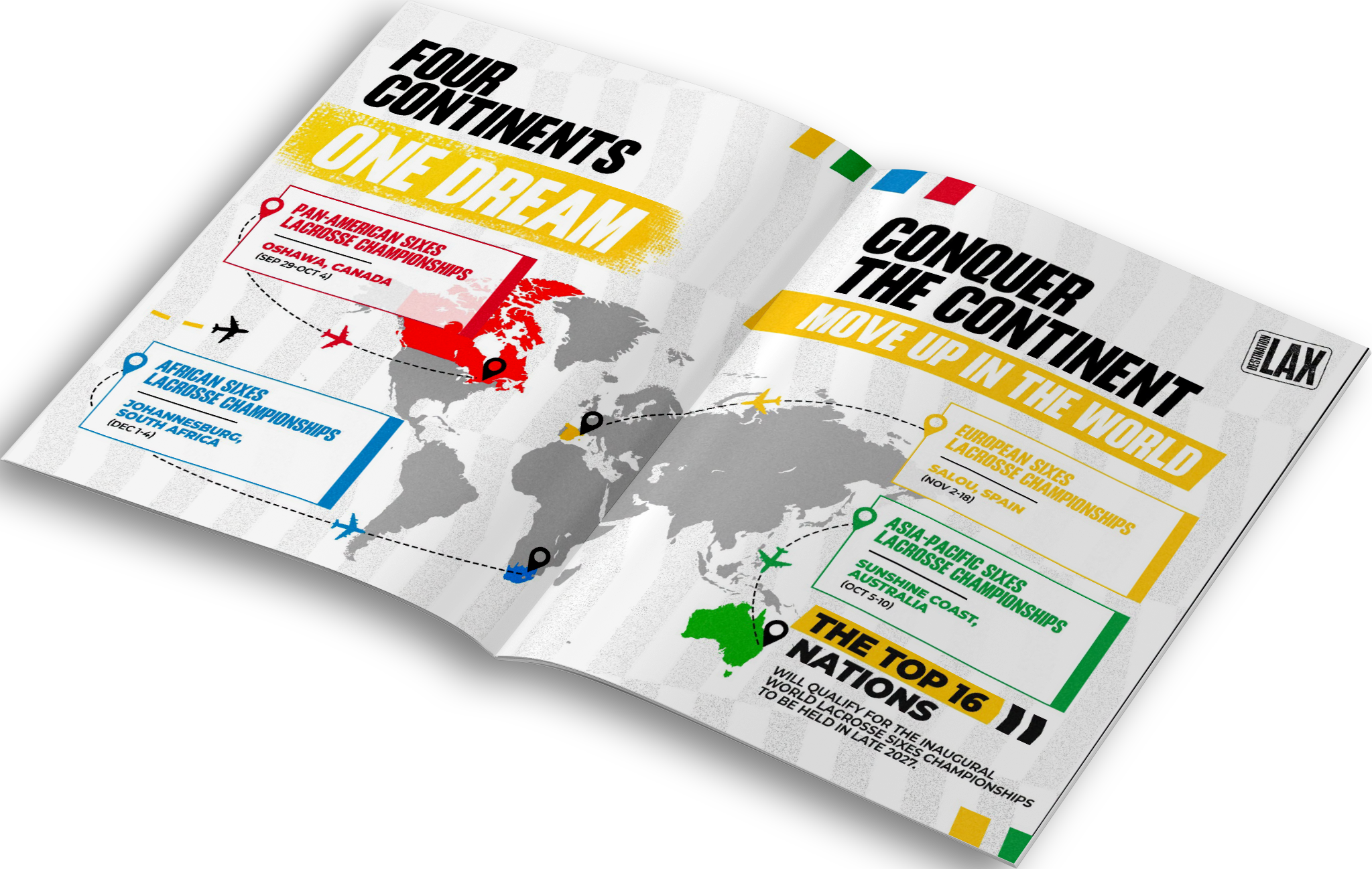 Magazine page showing Lacrosses Olympic pathway to LA28 with highlighted locations for different regional tournaments, including North America, Europe, Africa, and Asia-Pacific.