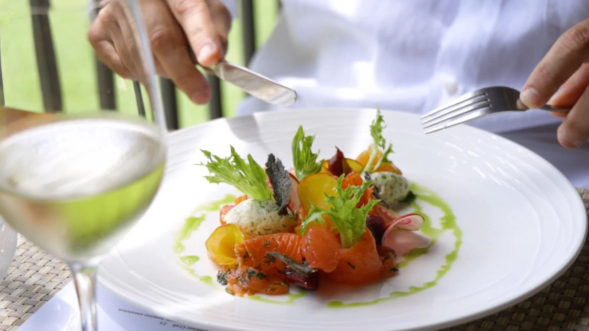 A plate of assorted colorful smoked or cured salmon and fish with fresh greens and herbs, garnished with a drizzle of green sauce, on a white dish with a glass of white wine in the foreground.