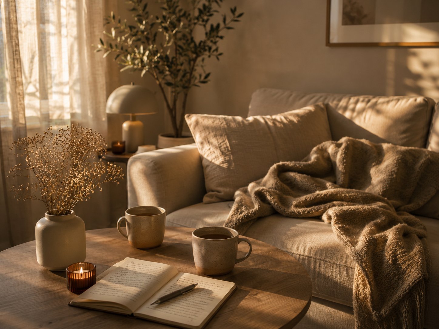 Cozy living room with a beige sofa, blanket, coffee table with an open book, two mugs, a small candle, a vase with dried flowers, and a lamp. Sunlight filters through curtains, creating warm lighting.
