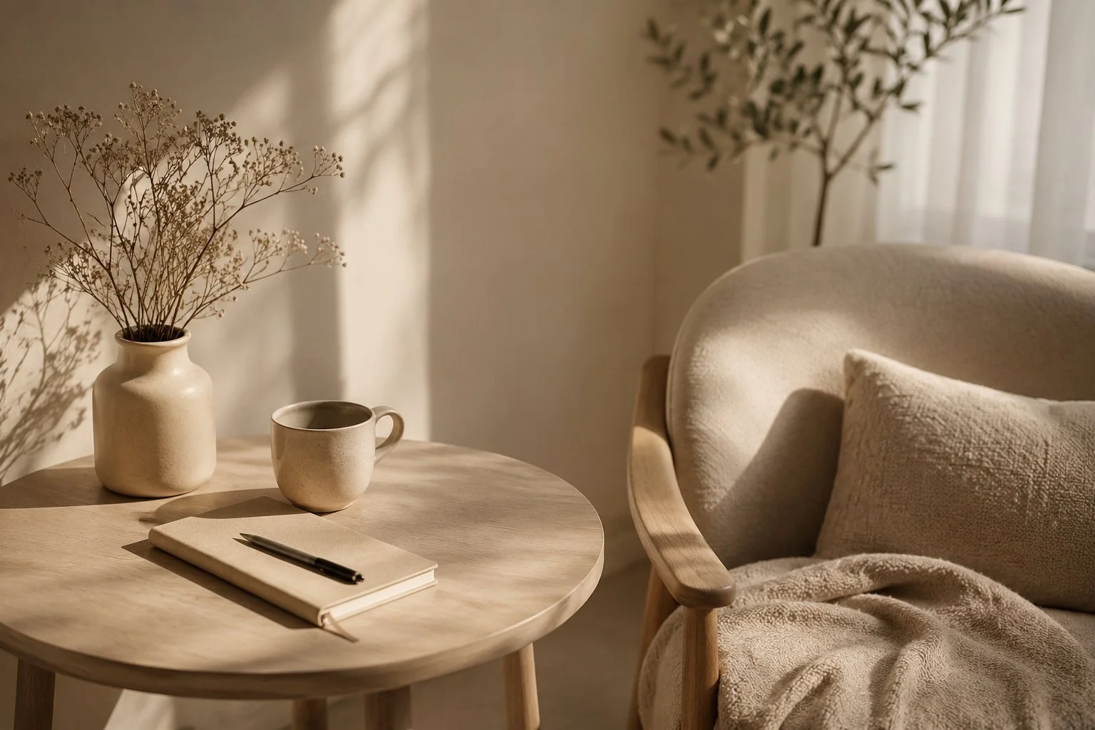 A cozy corner with a round wooden table holding a beige ceramic vase with dried branches, a matching ceramic mug, a closed notebook, and a pen. There’s a soft, textured beige pillow on a light-colored armchair, with sunlight streaming through sheer curtains, casting gentle shadows.