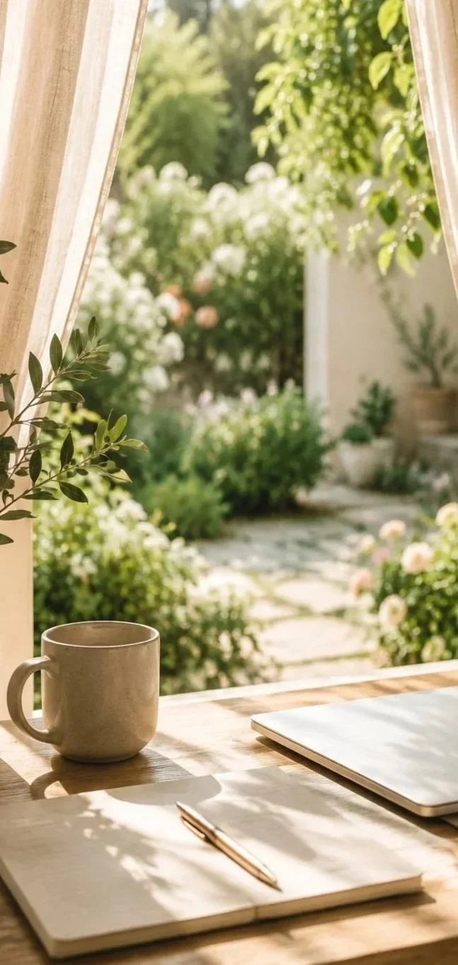 A cozy workspace with a notebook, tablet, and pen on a wooden desk, looking out onto a lush, sunlit garden with green plants and blooming flowers.