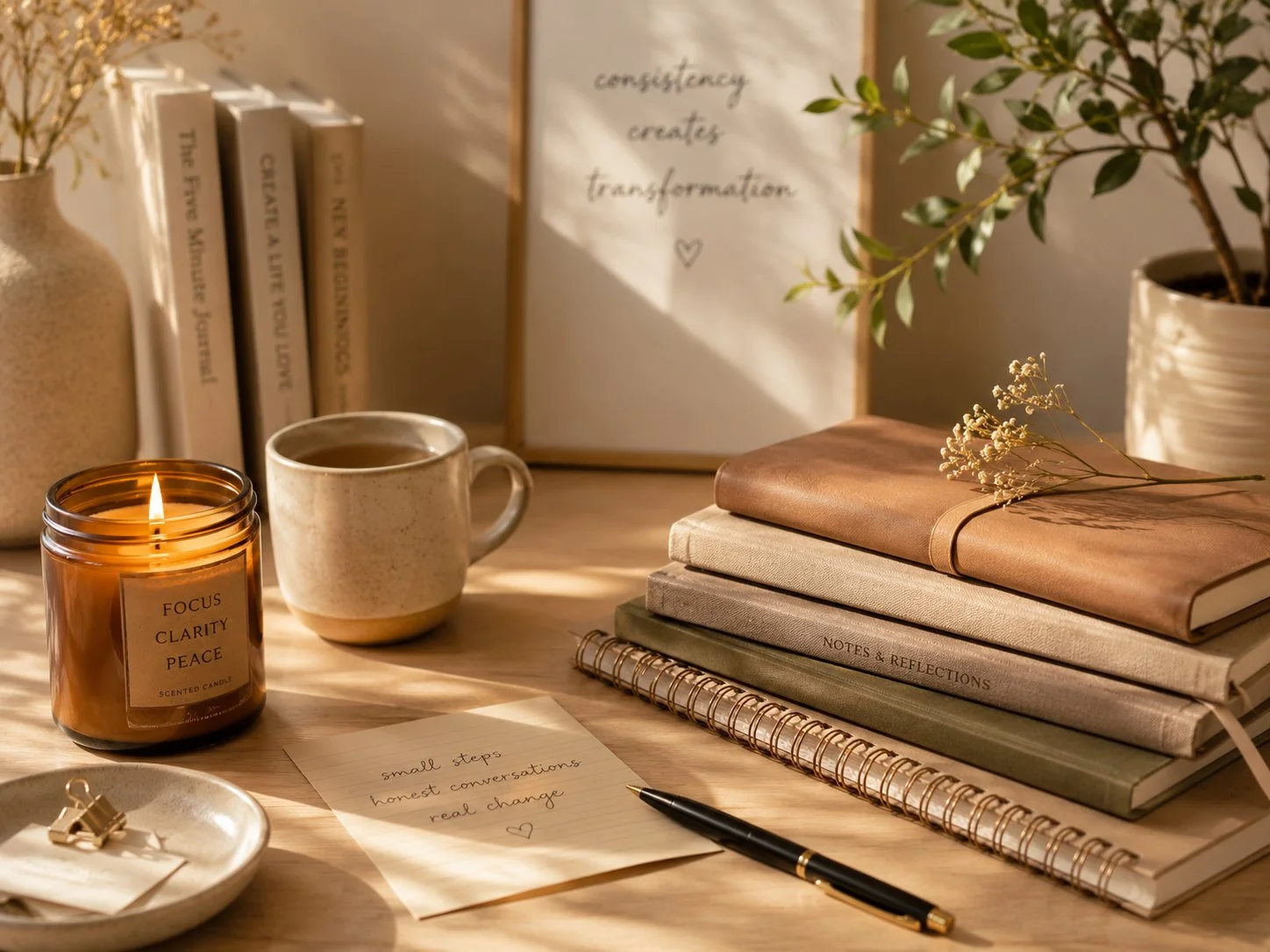 A neatly organized desk with a lit candle labeled "FOCUS CLARITY PEACE," a speckled mug, a brown wrapped notebook, a stack of journals, and a handwritten note that says "small steps honest conversations real change" with a small heart. In the background, there are several books, a potted plant, and a framed quote that reads "consistency creates transformation." The scene has a warm, cozy, and calming ambiance.