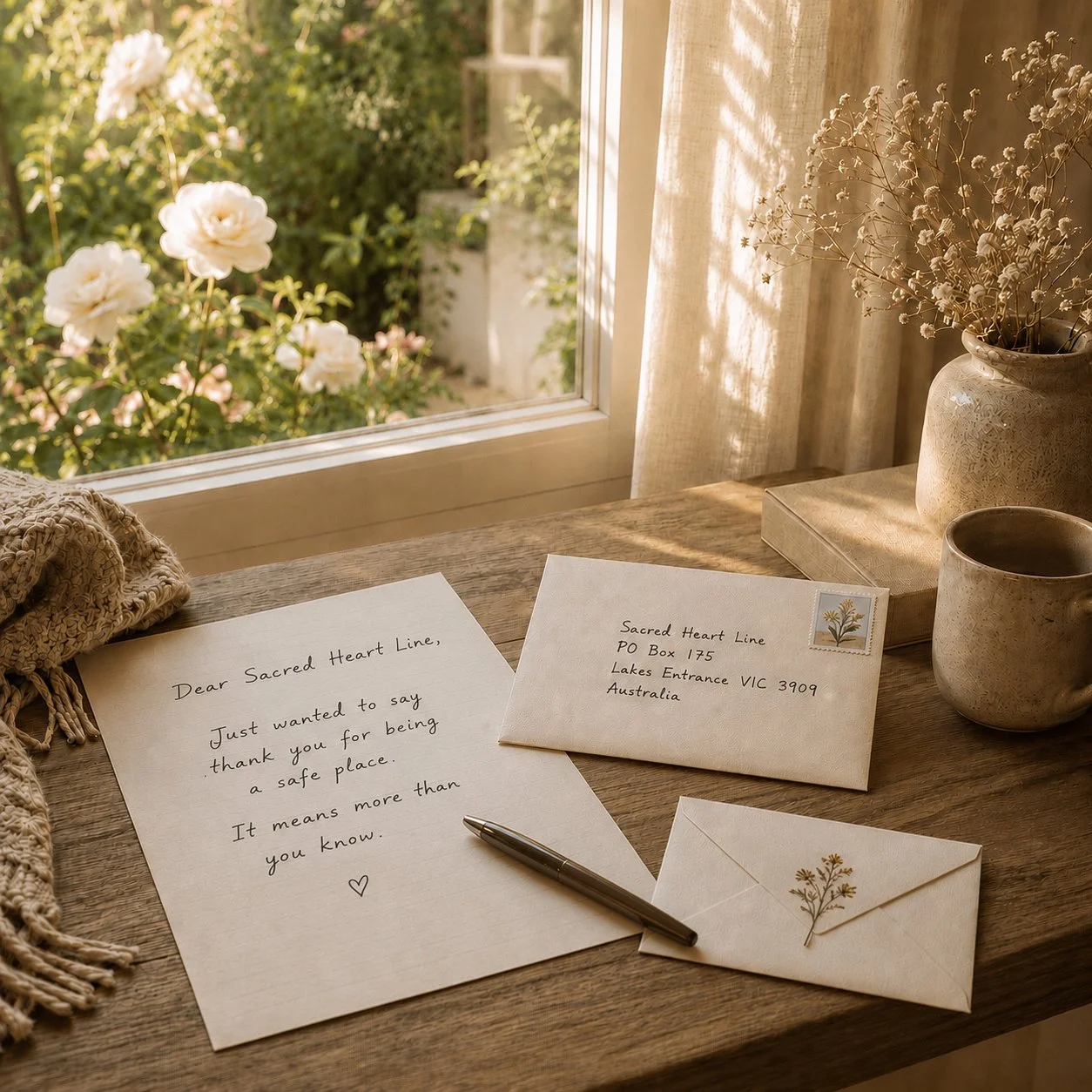 A cozy scene with a wooden table near a window, sunlight streaming in. On the table are a handwritten thank you letter, an envelope with a stamp, a smaller envelope, a pen, a mug, a book, and a potted plant with dried flowers. Outside the window, white flowers are visible.