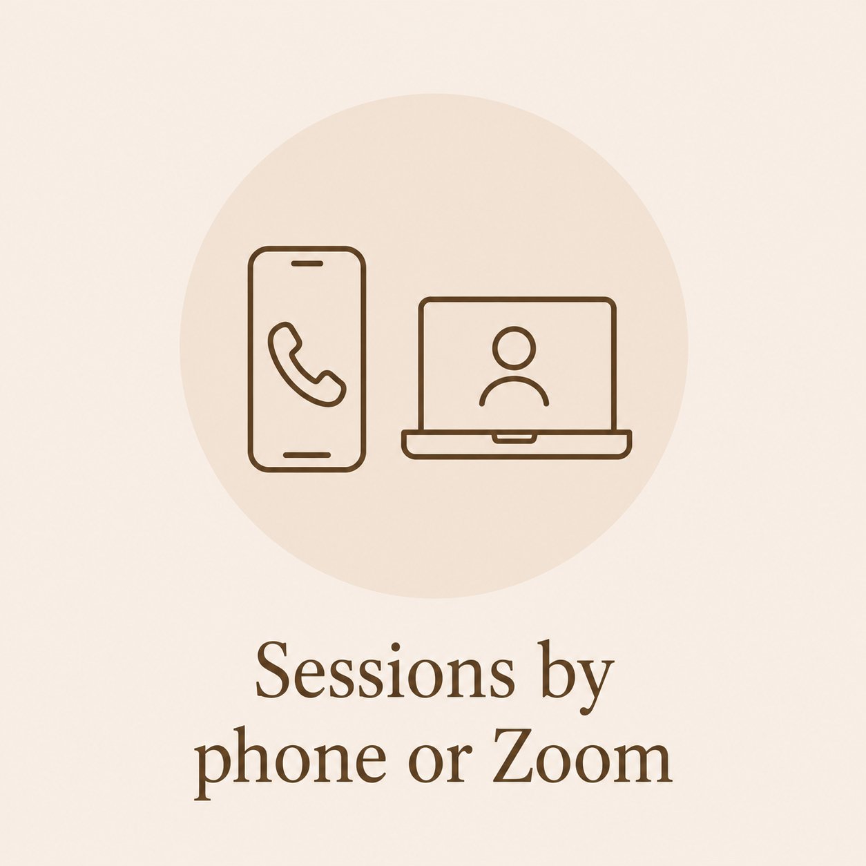 Icon of a smartphone with a phone receiver and a laptop with a person on the screen, indicating sessions by phone or Zoom