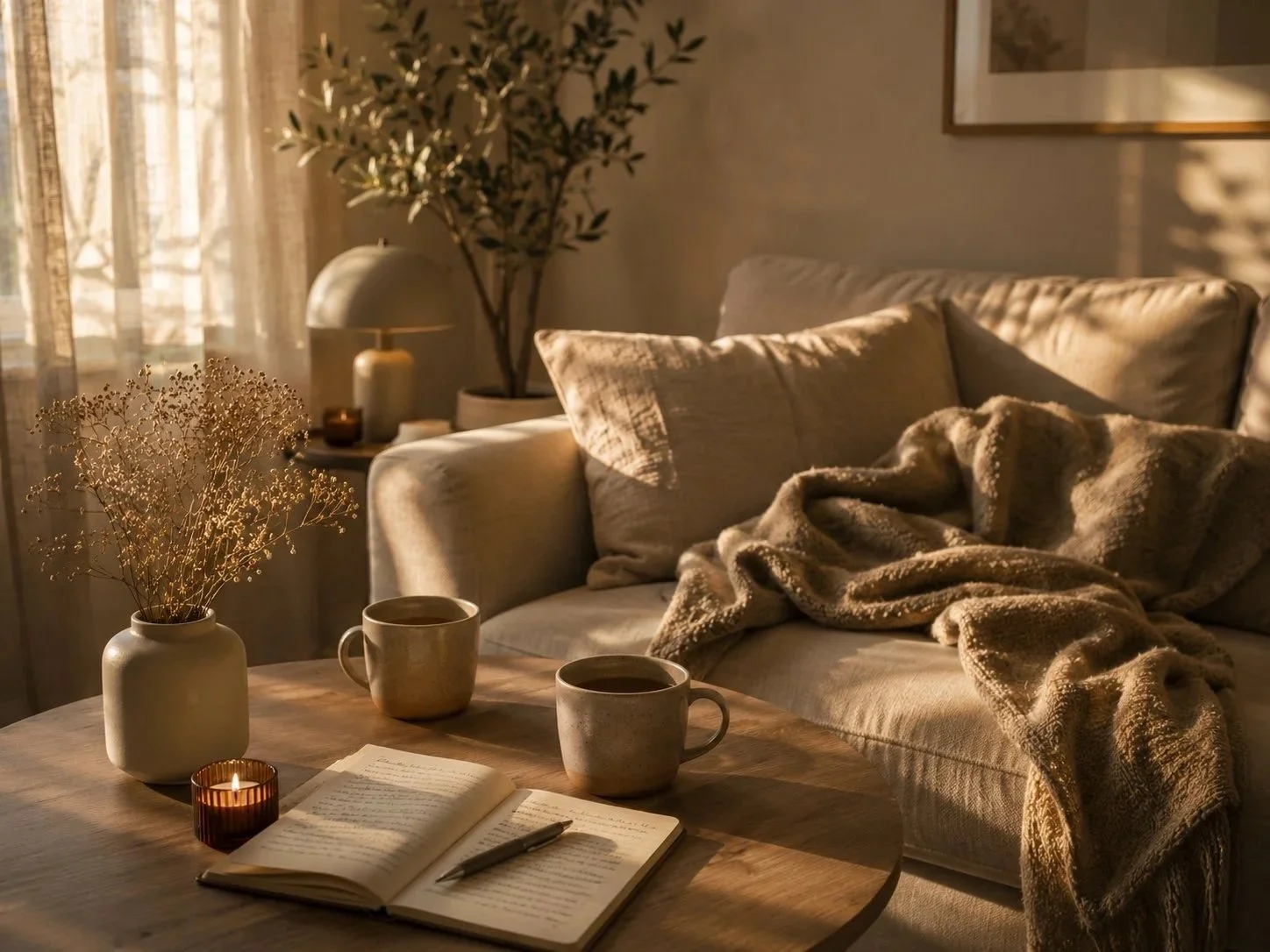 Cozy living room with beige sofa, blanket, book, two coffee mugs, lit candle, vase with dried flowers on wooden table, and warm sunlight streaming through window.